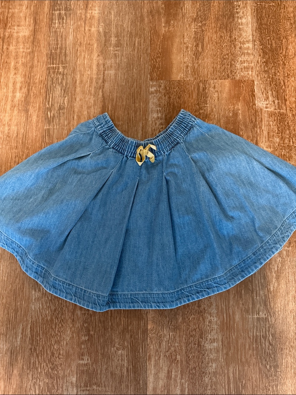 Mini Boden Blue Denim-Look Twirl Skirt with Yellow Bow
